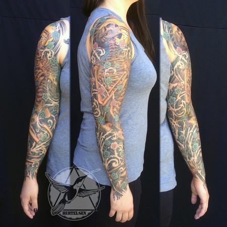 Tattoos - Full sleeve skeleton and forget me not flowers - 108321